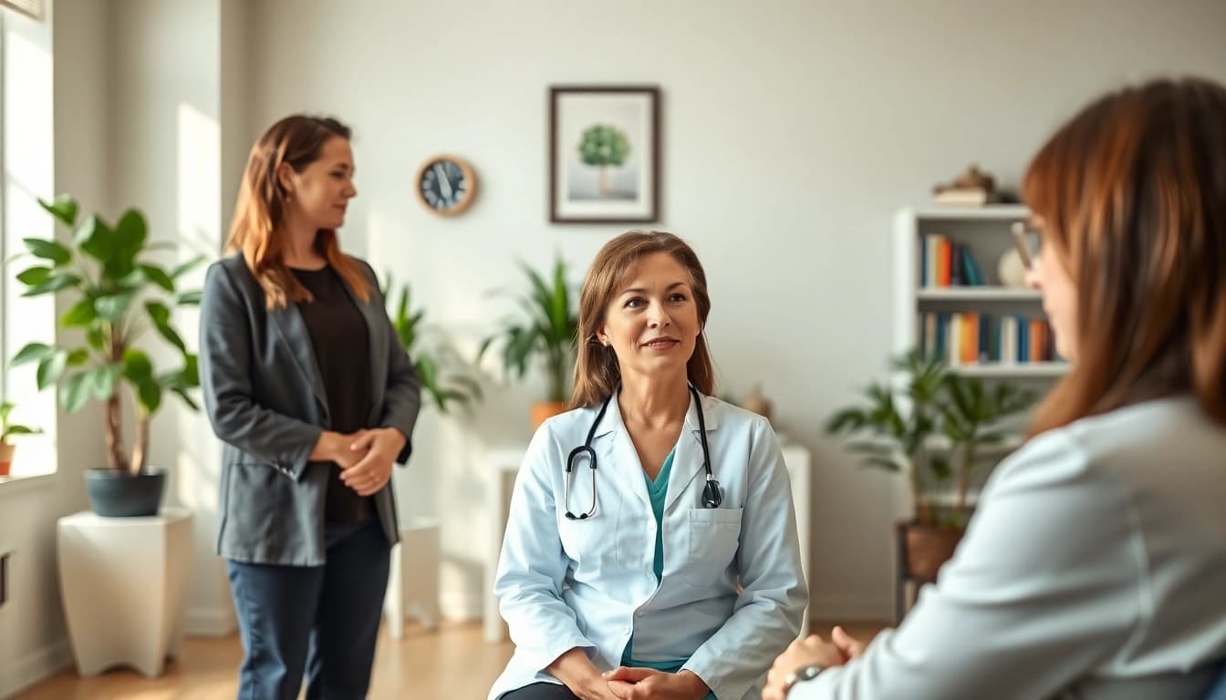 German psychiatrist India discussing treatment in a calming clinic environment.