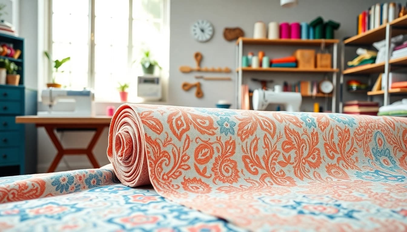 Katoenen stof per meter in een stijlvolle naaiatelier, perfect voor elke creatie.