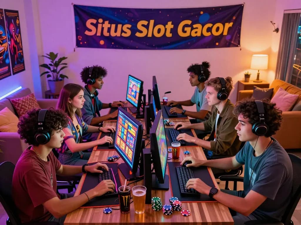 Adegan permainan situs slot gacor dengan teman-teman yang menikmati slot online dalam suasana ruang tamu yang cerah, menampilkan kegembiraan dan kebersamaan.