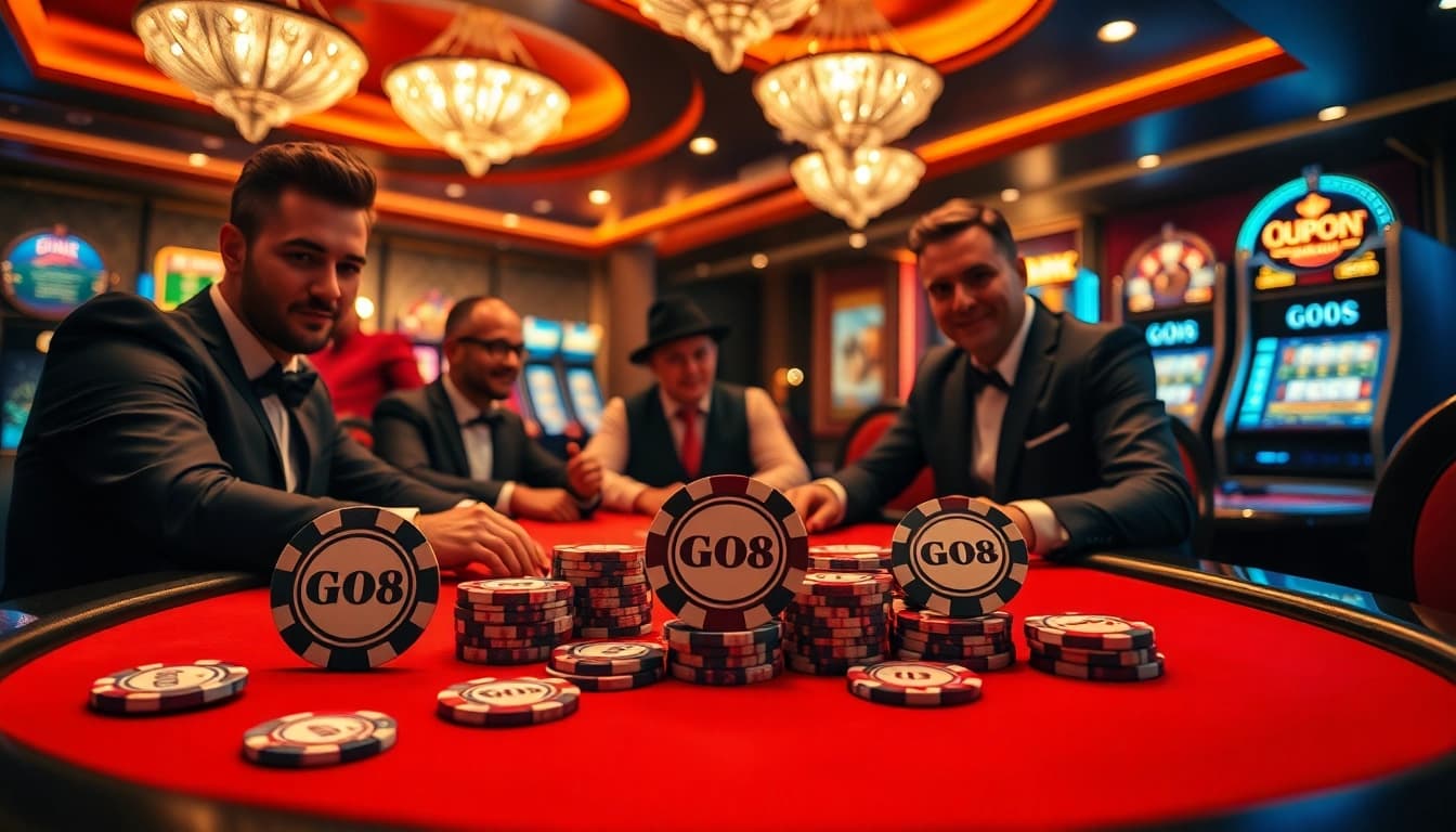 GO8 poker players engaging in an intense high-stakes game surrounded by casino excitement.
