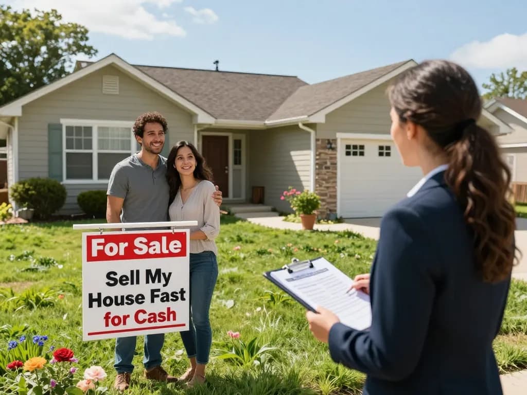 Sell my house fast for cash in an inviting suburban scene with a couple and a cash buyer.