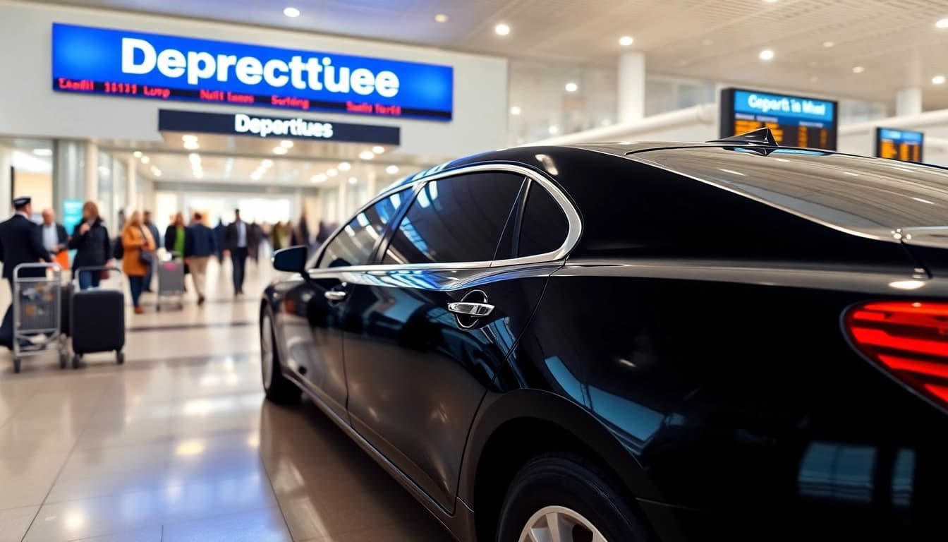 Lga car service featuring a sleek black limousine outside a busy airport terminal.