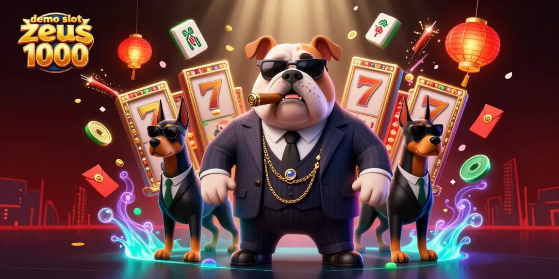 Experience demo slot zeus 1000 gameplay with a vibrant 3D illustration featuring a bulldog mafia boss and Doberman bodyguards.