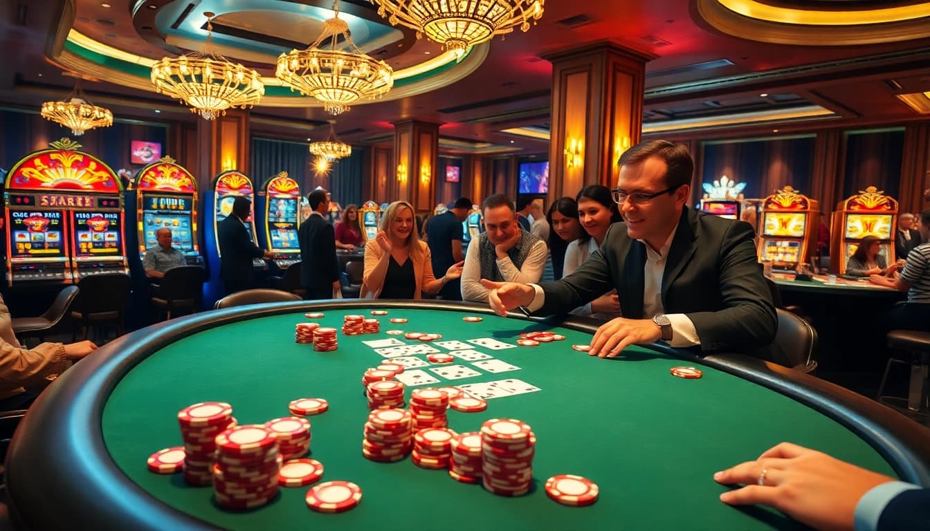 KPI4D poker players strategizing at a vibrant casino table amidst colorful chips and cards.
