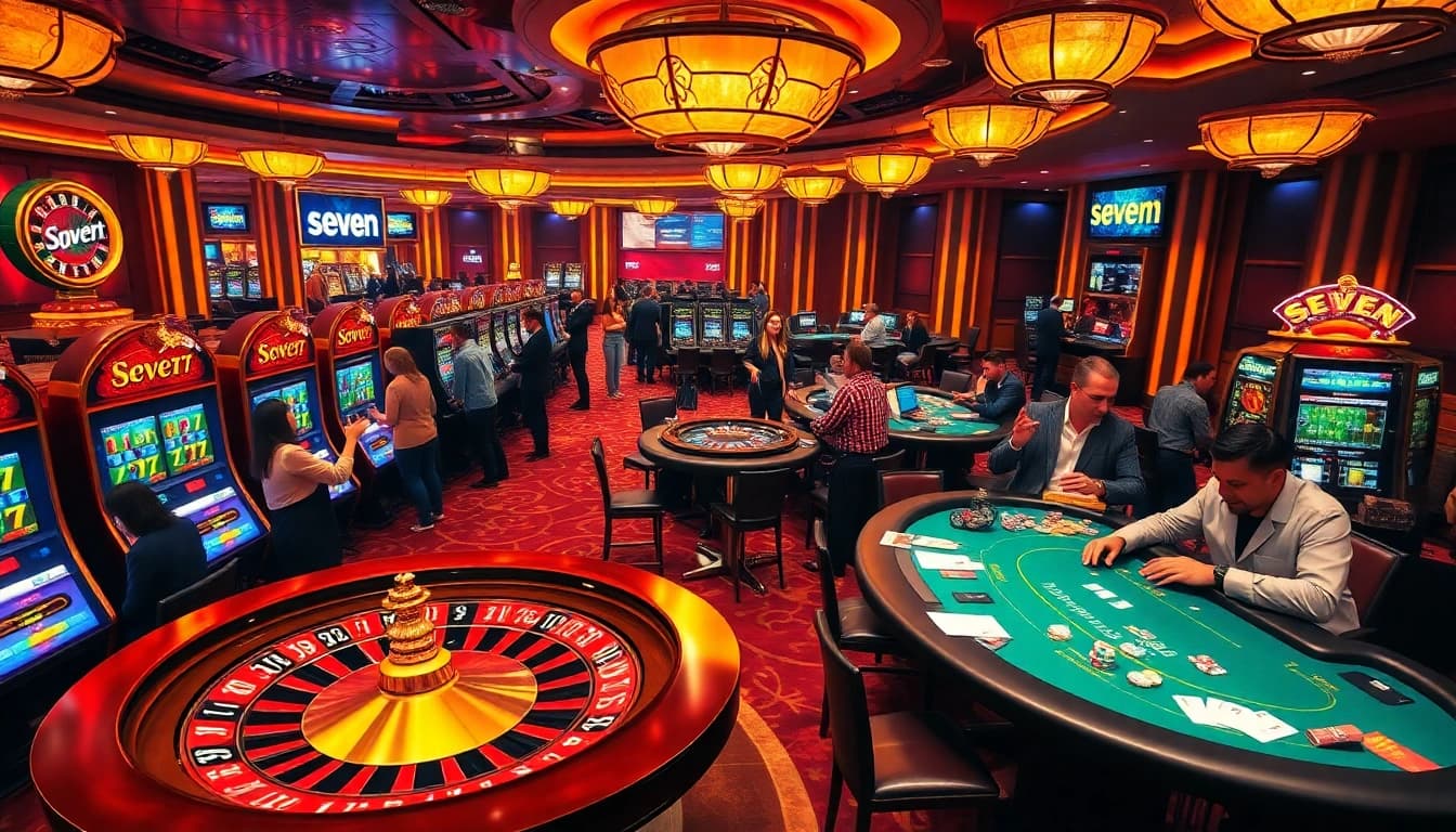 Experience the excitement of seven77 luck at a vibrant casino with roulette and slot machines.