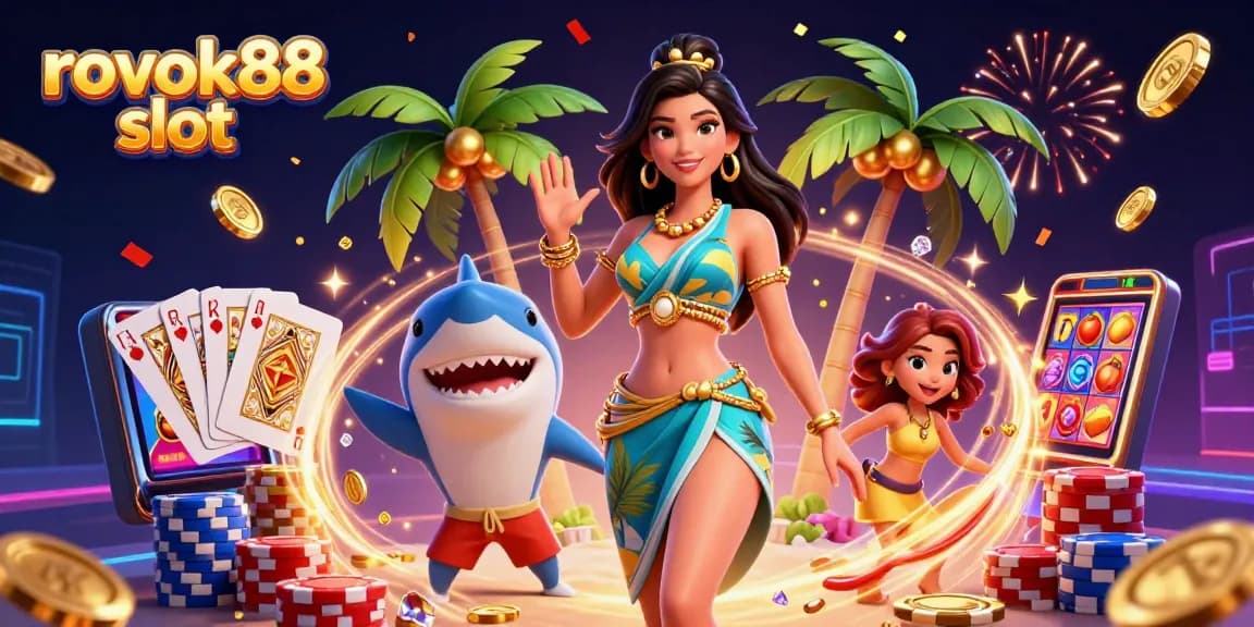 Engage with the excitement of rokok88 slot featuring vibrant characters, golden coins, and lively casino elements.