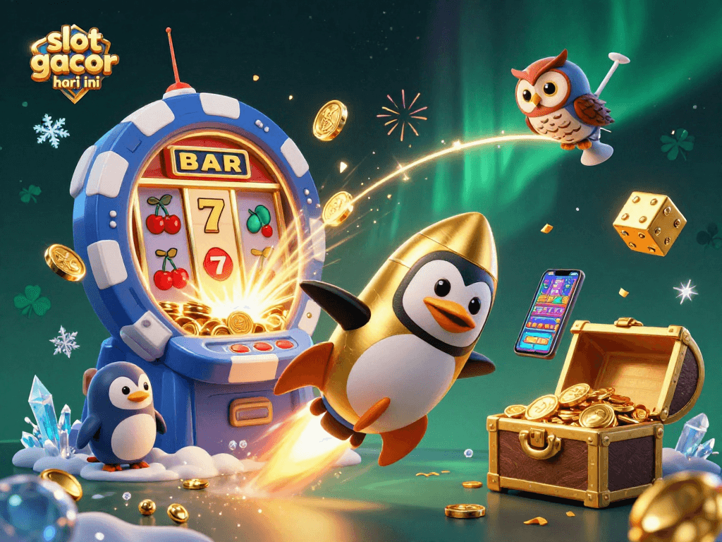 Experience the excitement of slot gacor hari ini with vibrant casino art featuring a golden penguin and vibrant symbols.