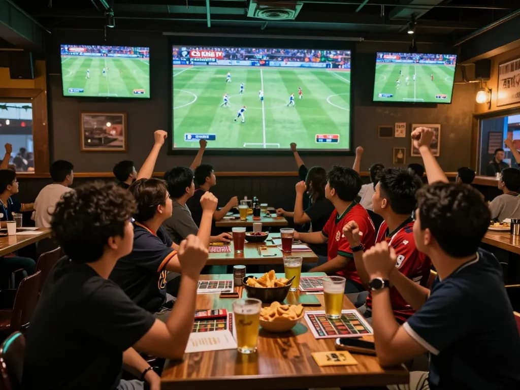 Cà Khịa TV live football match excitement in a busy sports bar with fans cheering.