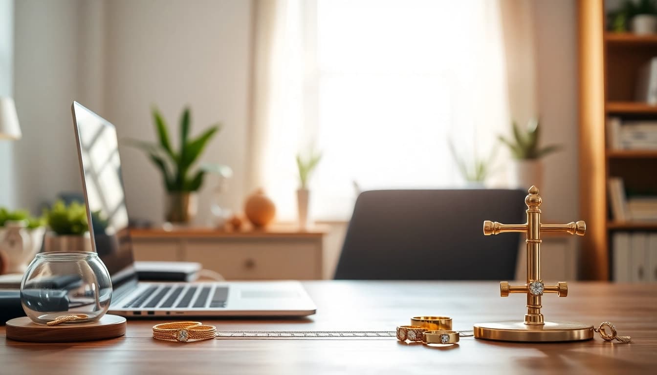 Immagine di compro oro a distanza con gioielli e strumenti di valutazione in un ambiente professionale.