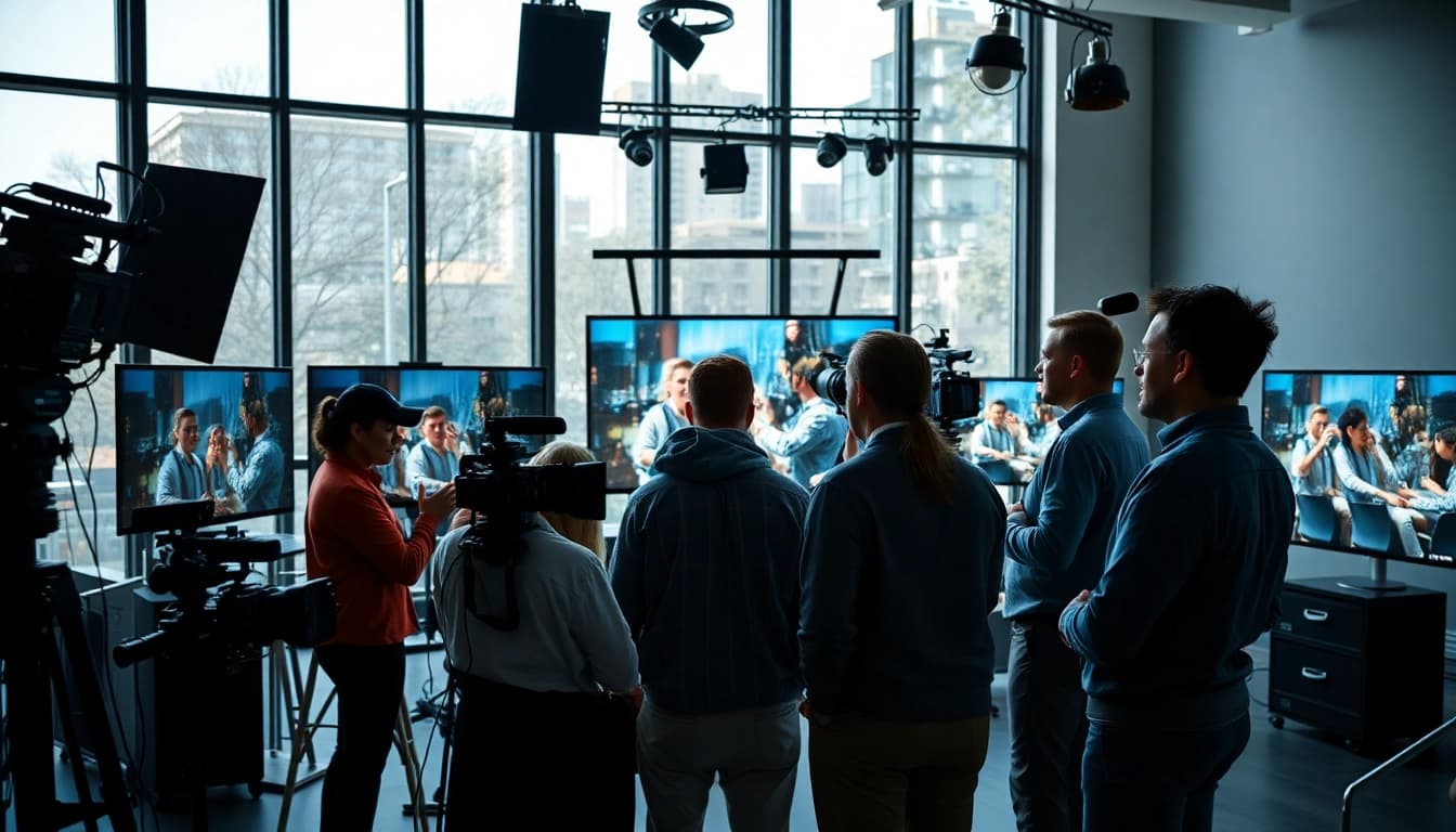 Video Production Company Calgary team working together in a modern studio setting.