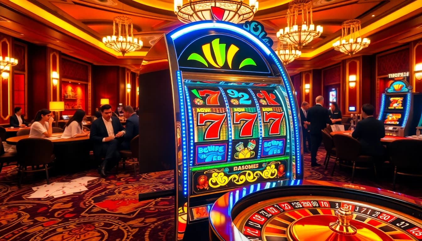 Play exciting new77 slot surrounded by vibrant casino ambiance with eager gamblers.