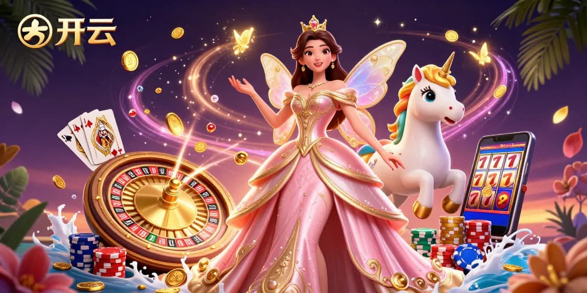 体验开云的魔力，身穿华丽服装的亚洲公主与金色独角兽在闪耀的赌场元素中。
