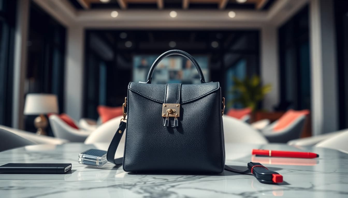 Handy Tasche abschließbar mit elegantem Design und sicherem Verschluss, auf stilvollem Tisch platziert.