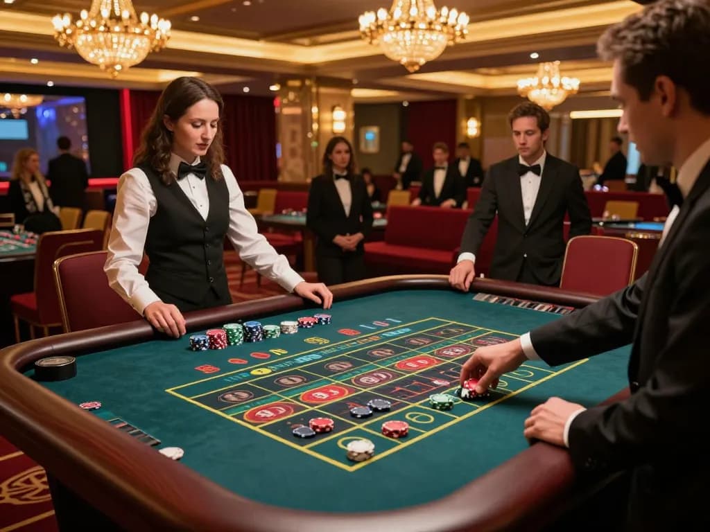 Bet on roulette at 388bet's elegant casino with players awaiting the spin.