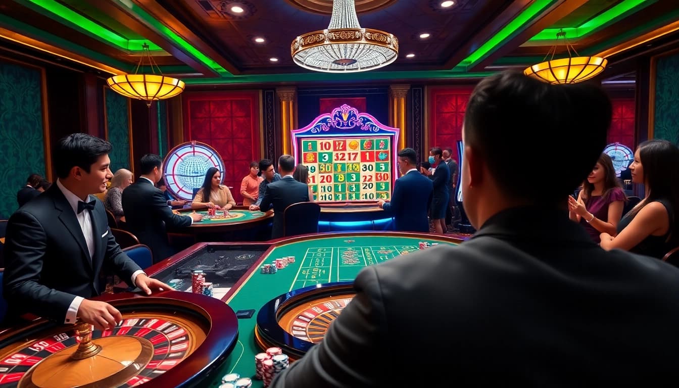 Players enjoying an exciting casino experience on open88.com with lively poker tables and vibrant gaming atmosphere.