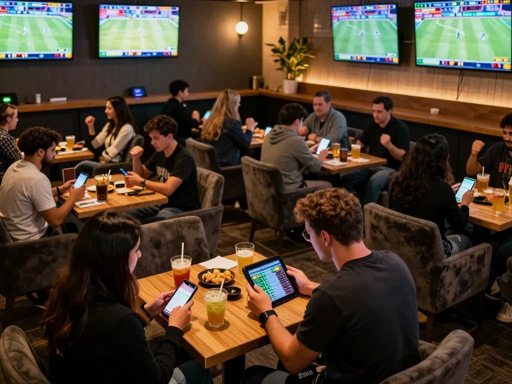 Exciting sports betting scene at Manclub with fans analyzing odds and celebrating wins