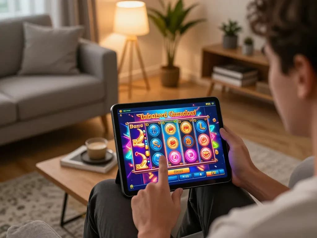 Engaging with a demo slot game on a tablet in a cozy home setting