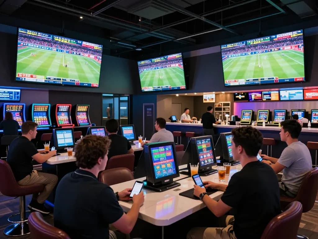 W188 players strategically placing bets while watching live sports in a modern lounge.