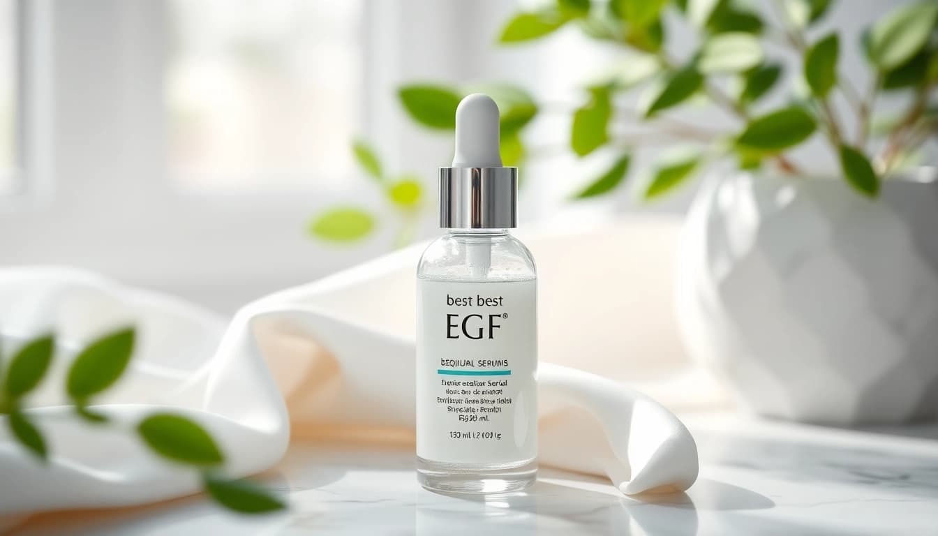 The best EGF serum displayed in an elegant skincare setup with natural elements and soft lighting.
