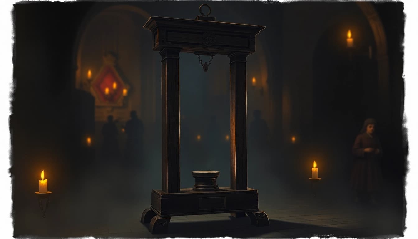 Analyze the guillotine origin phrase through a historic lens illustrated prominently.