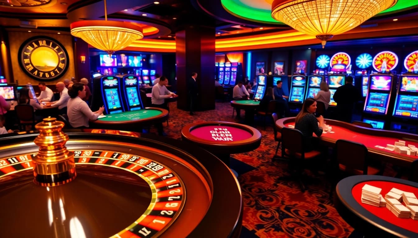 Scène captivante du meilleur casino en ligne avec des joueurs aux tables de poker et de roulette au milieu de machines à sous vibrantes.