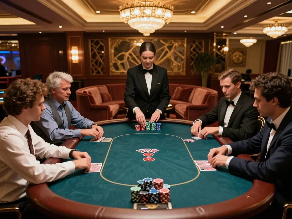 tv88 players engaging in intense poker game within a luxury casino setting with elegant decor.