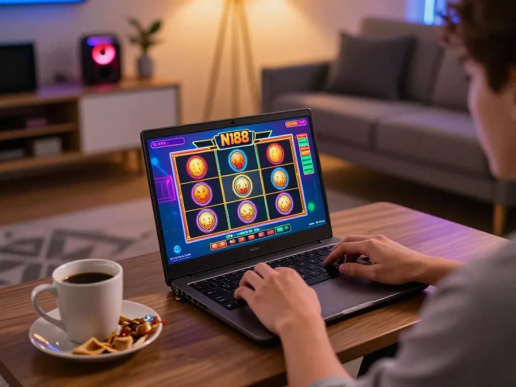 N188 casino online gaming setup with colorful slot graphics and a player enjoying a comfortable experience.