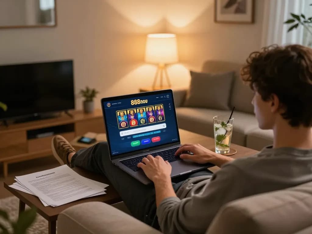 Engaging in 888now đăng nhập on a laptop in a cozy home setting, showcasing responsible gambling.