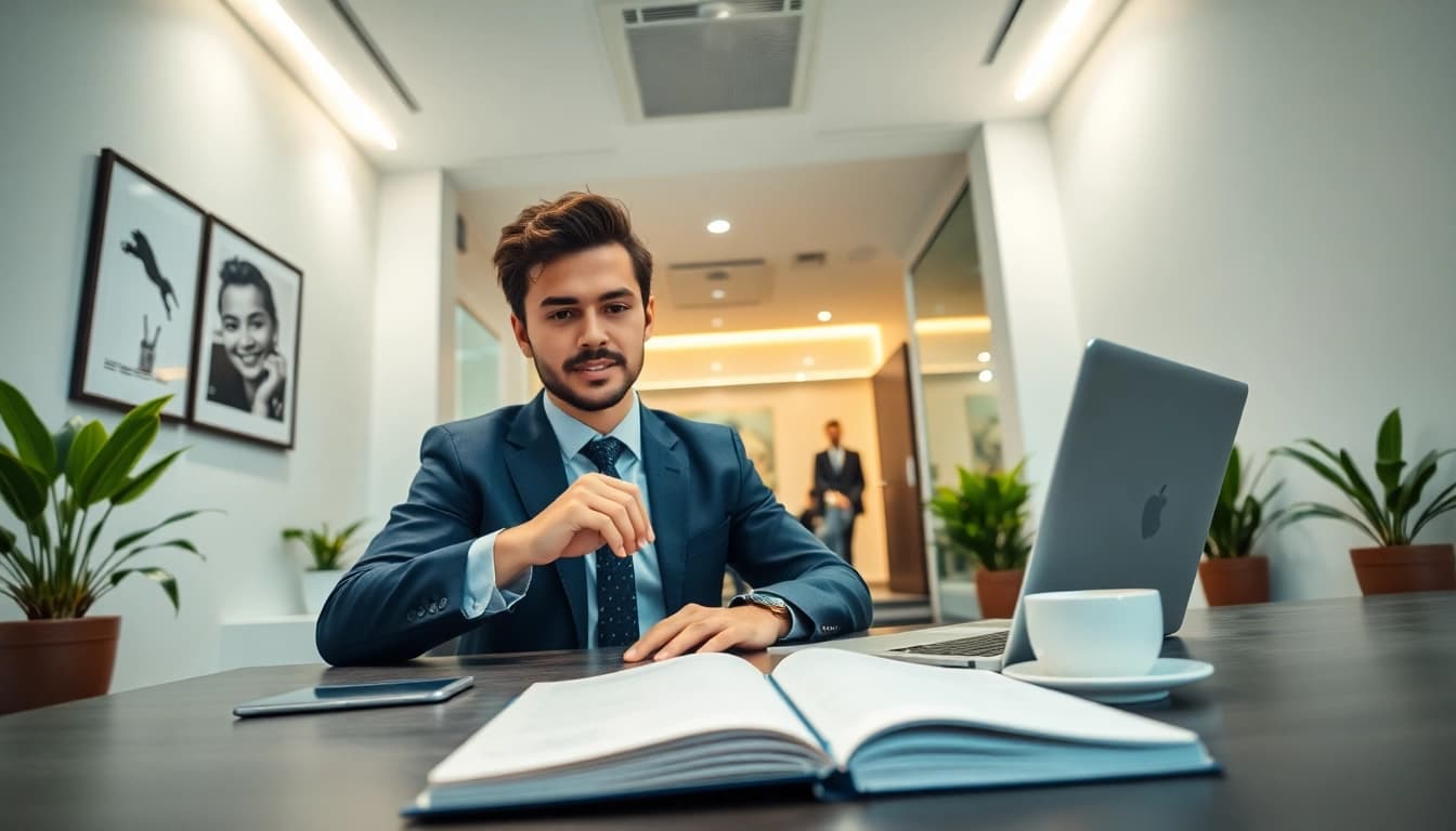 출장 meeting in a modern office setting with a businessperson engaged in work.