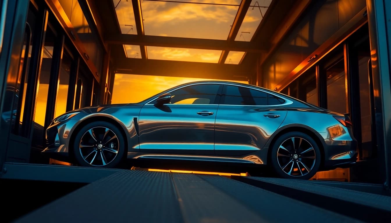 Experience the premium service of https://luxuryautocarriers.com with a sleek luxury car on an auto carrier.