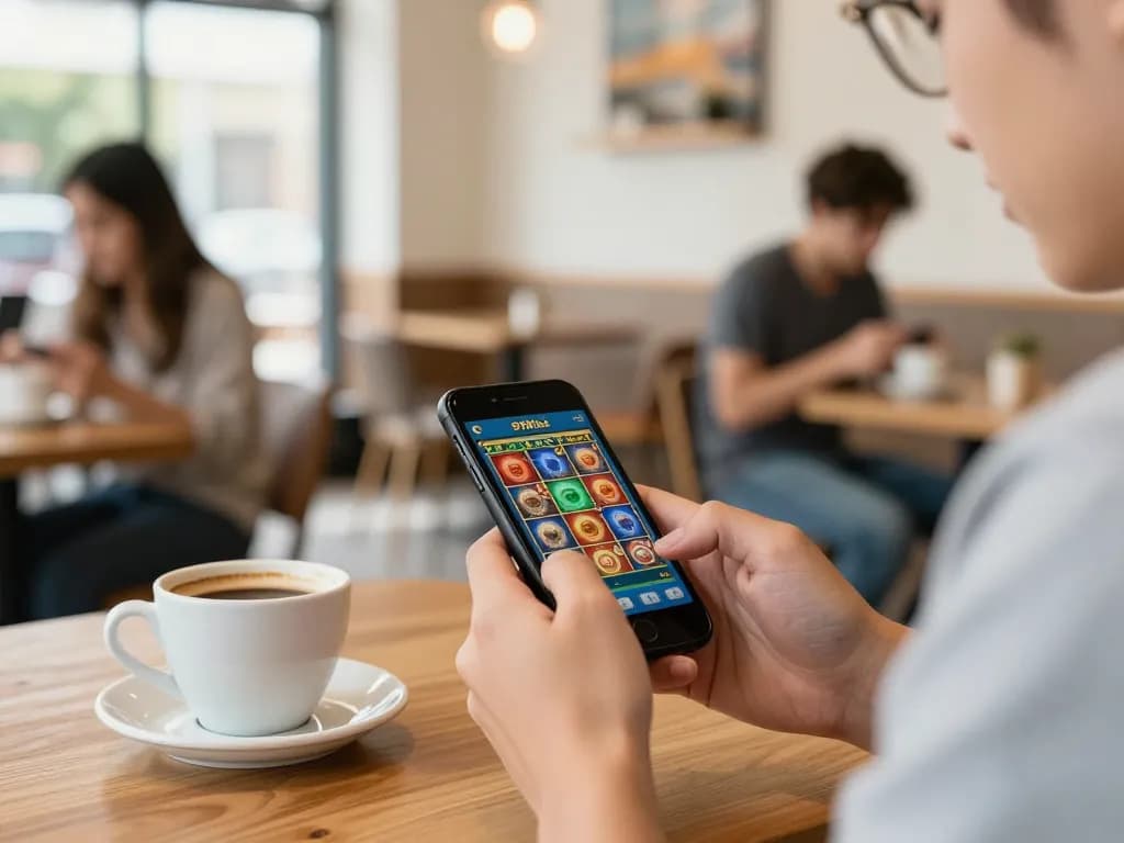 Engaging mobile gaming moment with 918Kiss app showing popular slot options in cozy cafe.