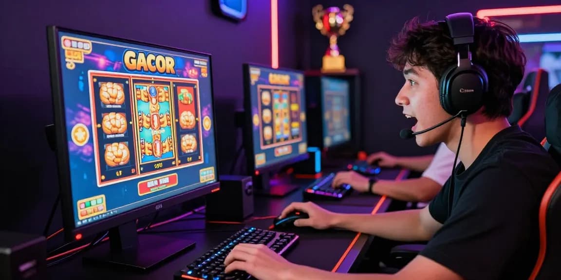 Player immersed in thrilling slot gacor gameplay surrounded by vibrant gaming accessories.