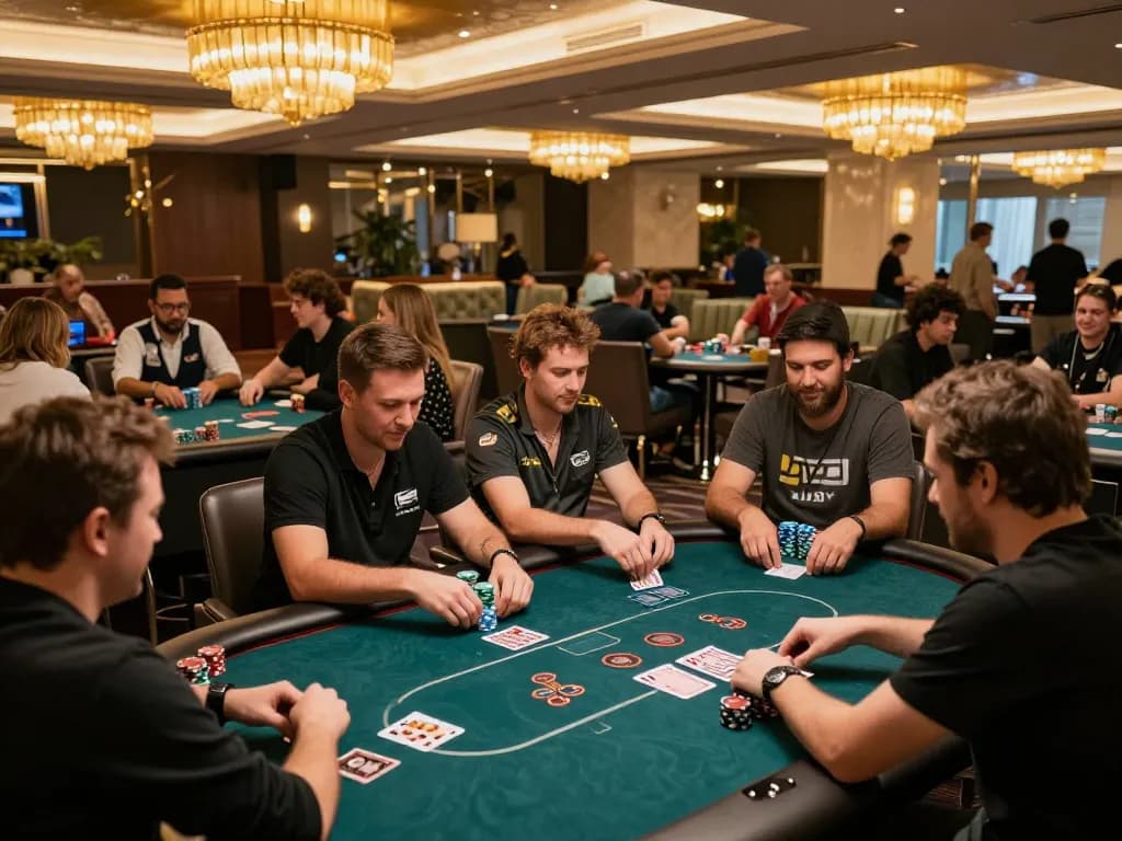 Players engage in poker at https://www.atqvn.com/, showcasing strategic gameplay and an elegant casino atmosphere