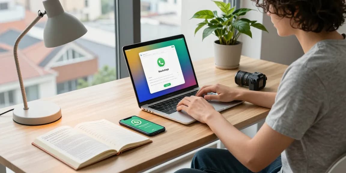 Engaged user downloading WhatsApp下載 in a modern tech workspace