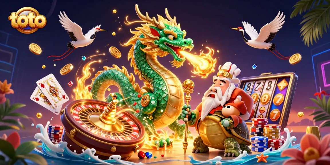 Experience thrilling toto gambling with a jade dragon and lucky cranes amidst dynamic casino elements.