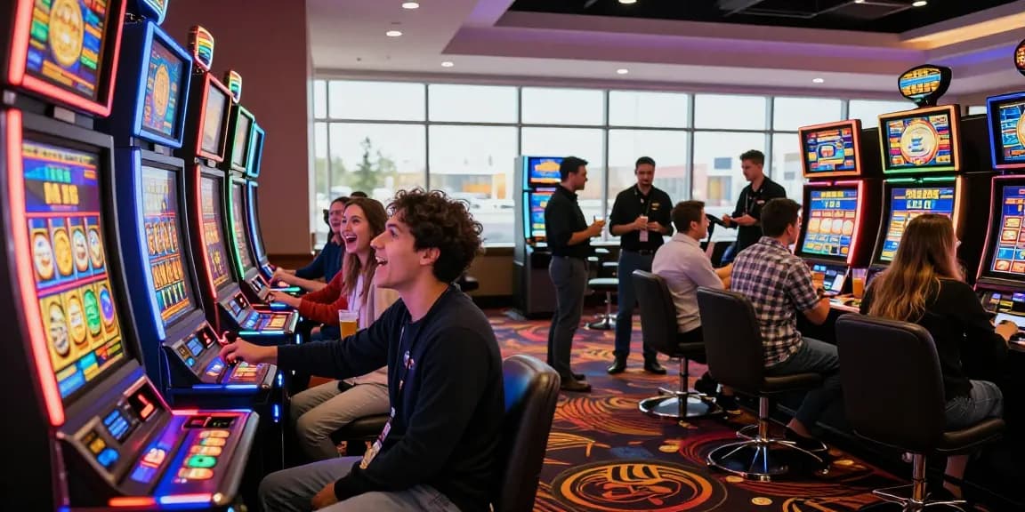 Friends enjoying a thrilling slot machine experience at a vibrant casino.