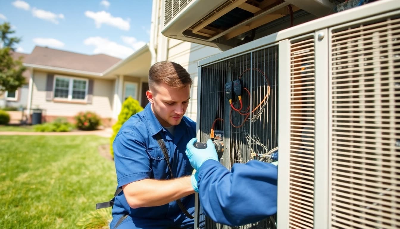 Experienced technician providing HVAC repair somers ny, ensuring optimal system performance in a clear, sunny setting.