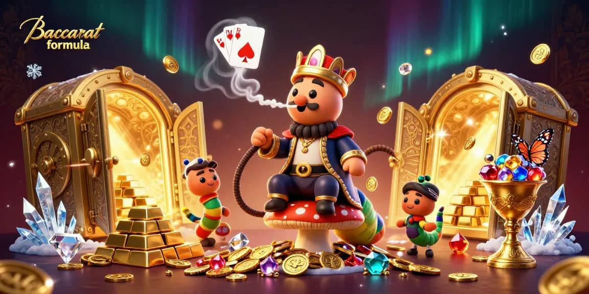 Engage with the Baccarat formula through a vibrant 3D casino-themed illustration packed with riches and gaming elements.