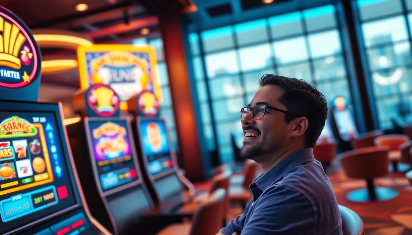 Walettoto permainan slot online yang menarik dengan suasana penuh energi di lounge modern.