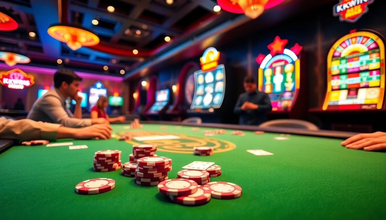 KKWIn offers an exciting poker experience on an elegant casino table with colorful chips and cards.