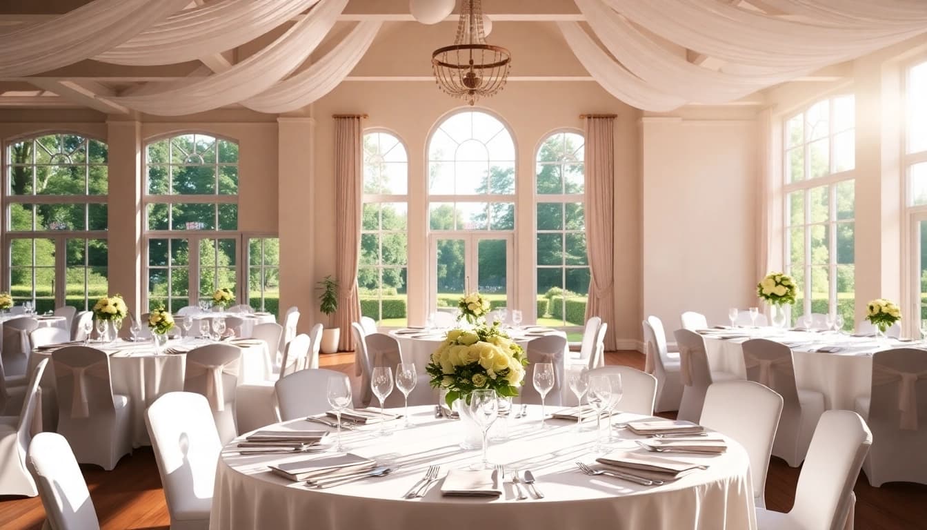 Stowe Venue Hire event space with elegant decor, bright ambiance, and serene garden views.