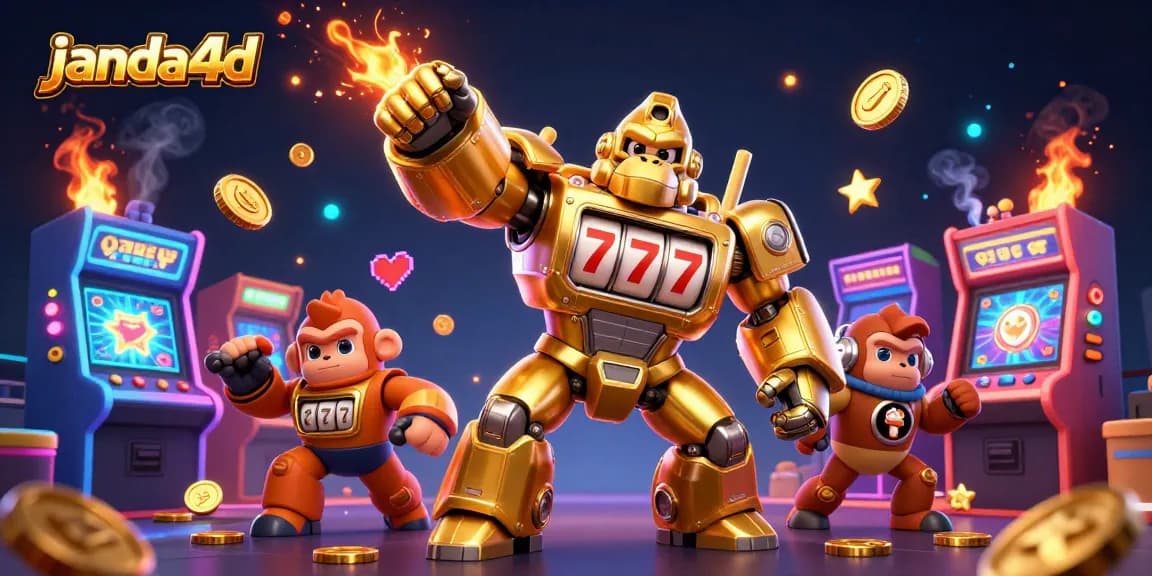 Menghadirkan janda4d, gorila emas mech yang terbuat dari slot mesin mendominasi suasana kasino dengan elemen permainan yang berwarna-warni.