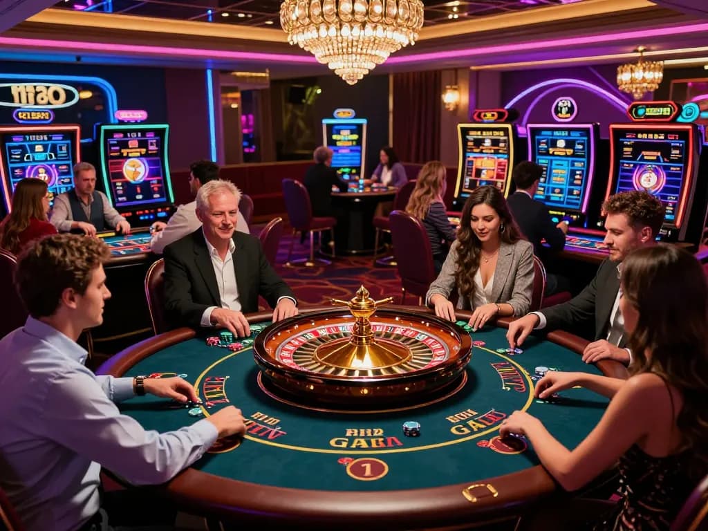 Experience the vibrant and luxurious atmosphere of casino hubet88 with players enjoying poker and baccarat amidst neon lights and engaging audio.