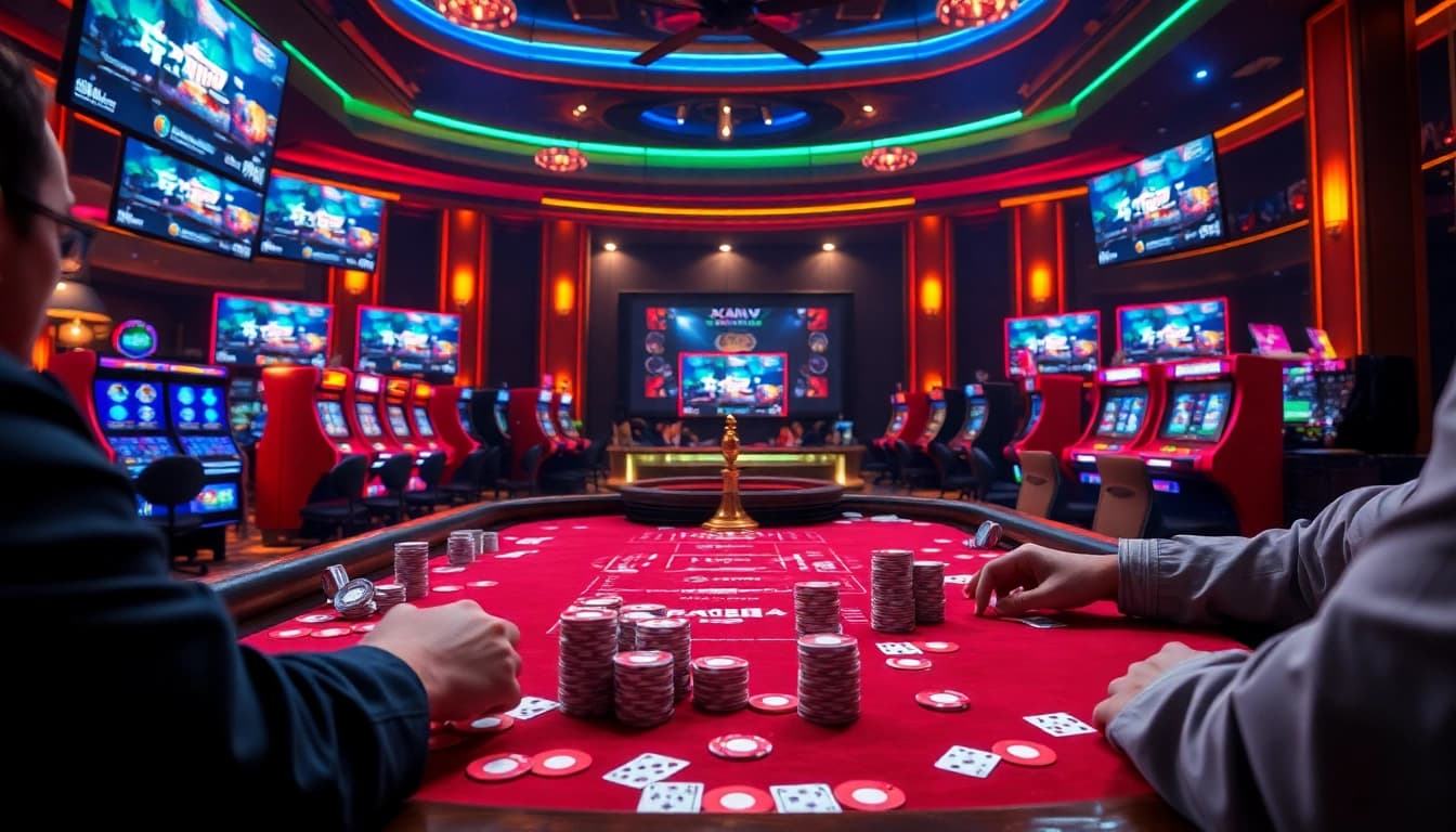Dynamic gaming action at Xôi Xoài TV with poker chips and vibrant casino props.