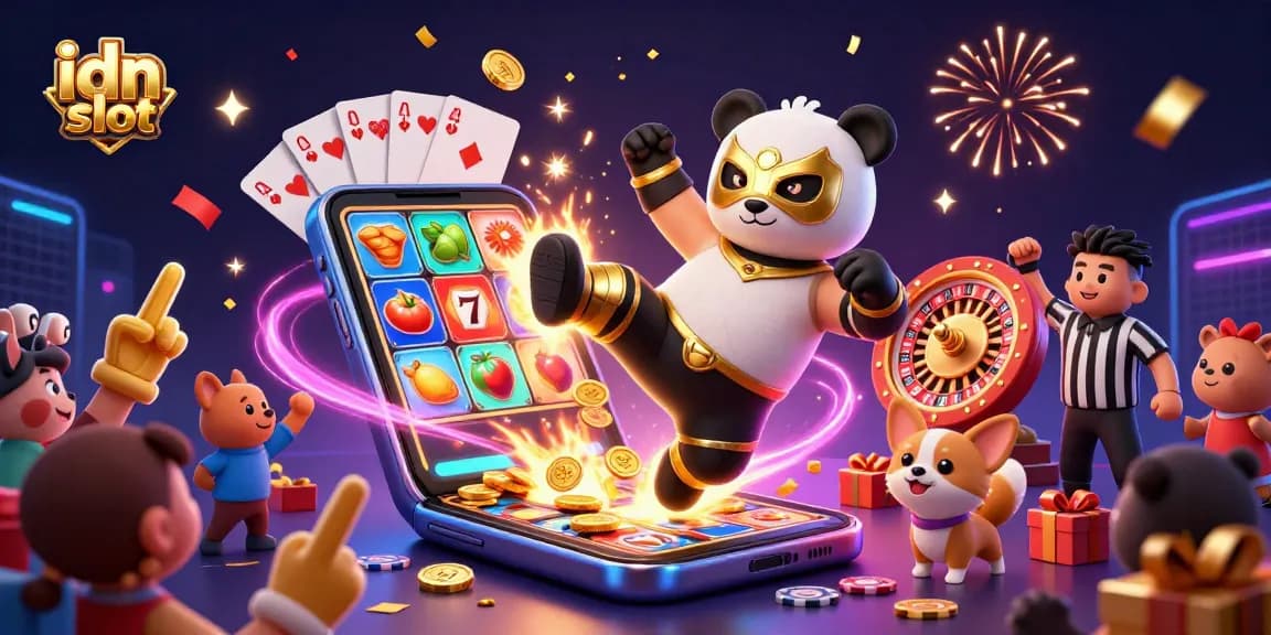 Engaging scene of idn slot action featuring a wrestler panda and cheering animal crowd amidst vibrant casino elements.