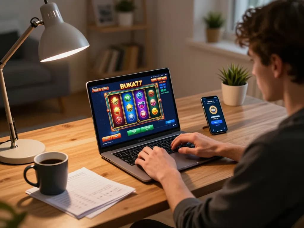 Engaging online gaming session showcasing BUKA77 slots on laptop with vibrant visuals.