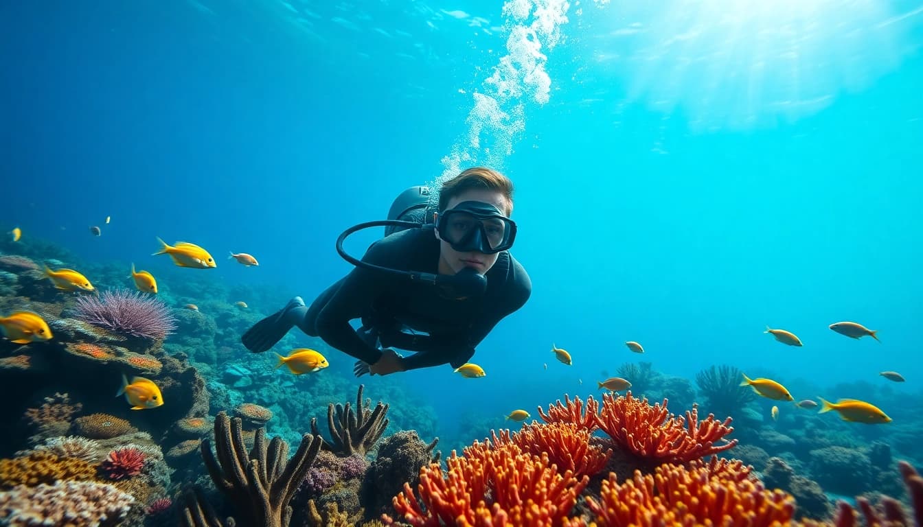 Tauchen Lernen im tiefen Wasser, ein Taucher umgeben von bunten Korallenriffen.