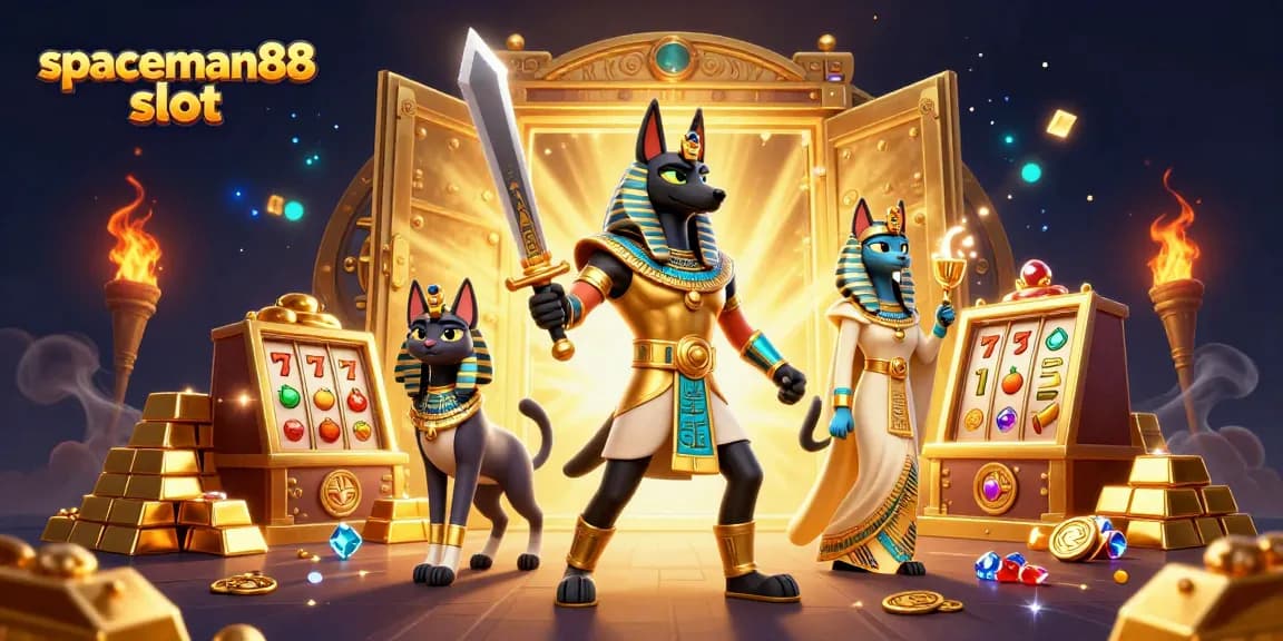 Engage with the exciting spaceman88 slot, featuring vibrant scenes of ancient Egyptian warriors and jackpot symbols.