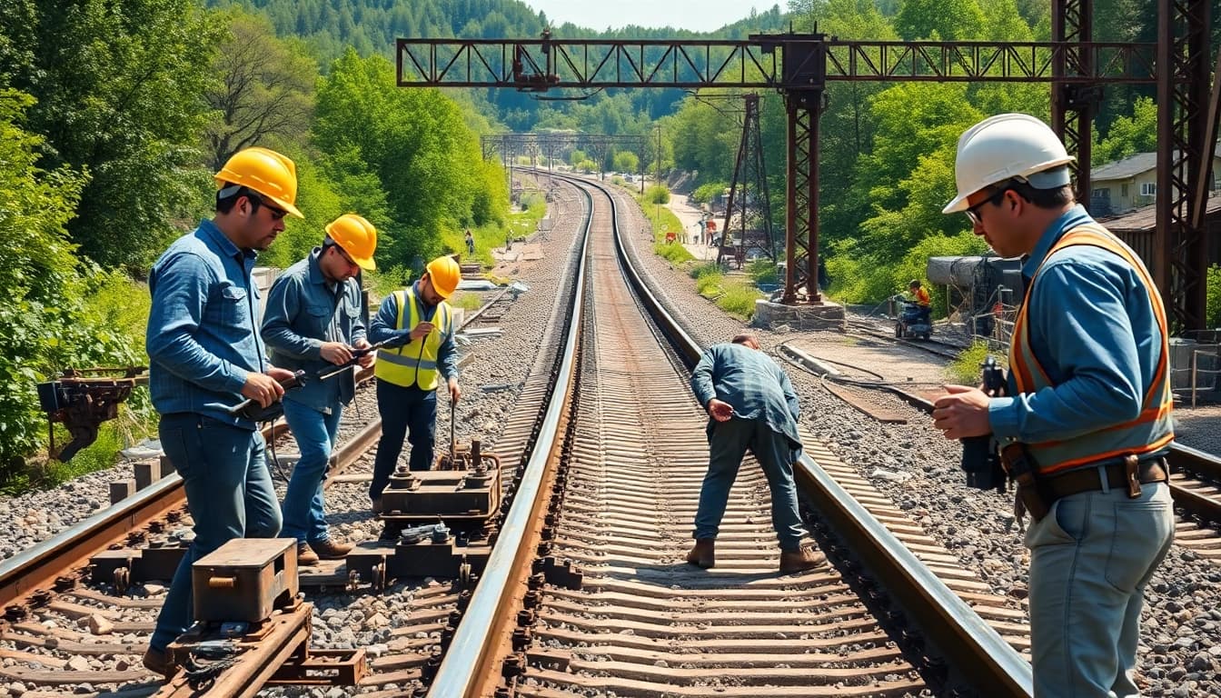 Railroad Contractors USA collaborating on a railway construction project in a vibrant setting.