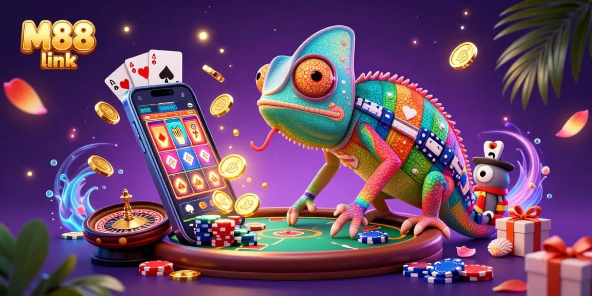 M88 link showcases a colorful casino scene highlighting the chameleon owner, slot games, and exciting gambling elements.